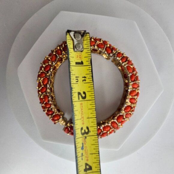 Kenneth Jay Lane Style Coral Red Orange Cabochon Hinged Heavy Bangle Bracelet - Picture 12 of 16